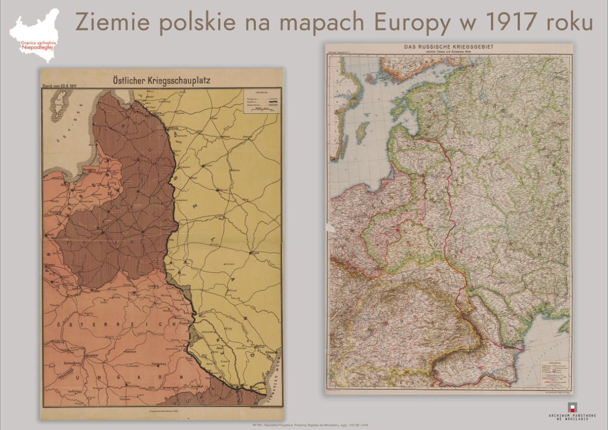 Plansza wystawy. Tytuł: Ziemie polskie na mapach Europy w 1917 roku.