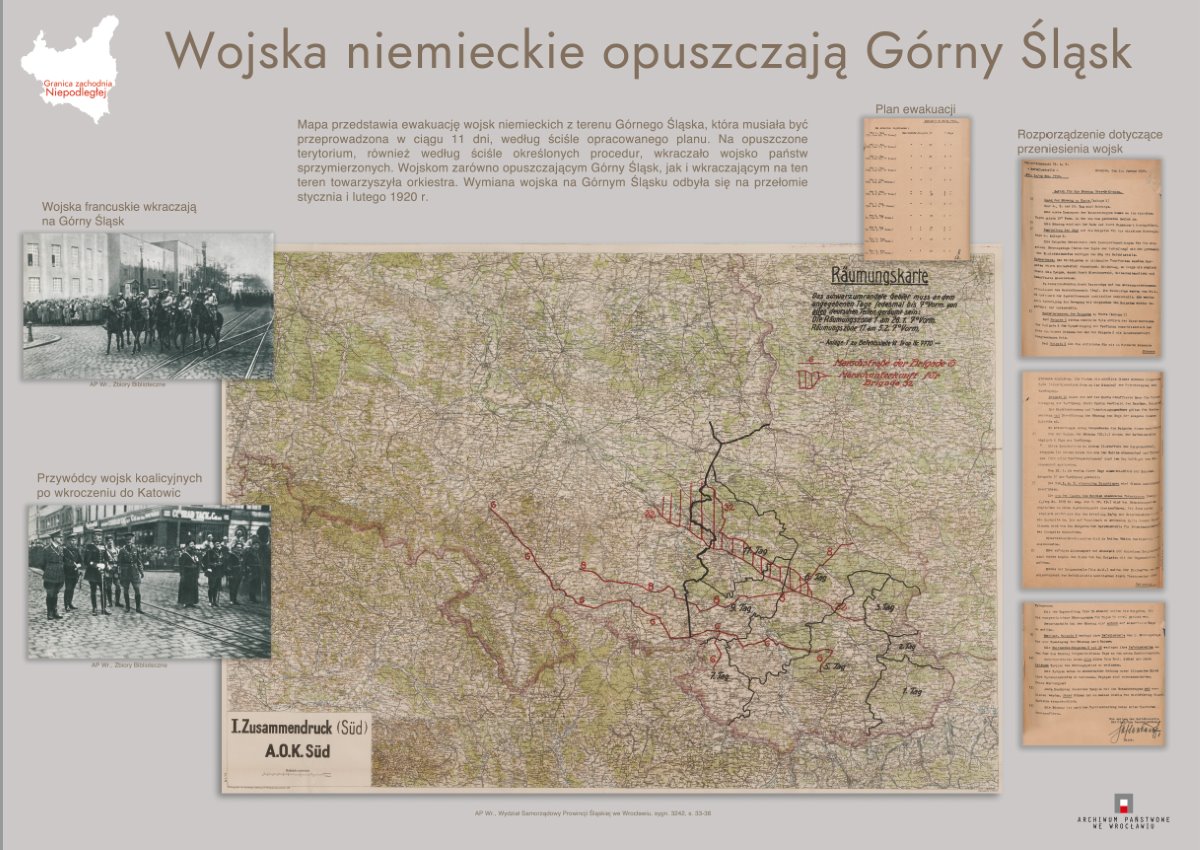 Plansza wystawy. Tytuł: Wojska niemieckie opuszczają Górny Śląsk.