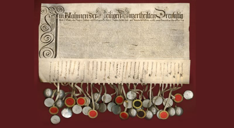 Dokument z 1609 r., zatwierdzający pokój religijny między katolikami a protestantami.