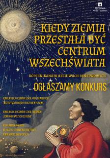 Kolorowa grafika z Mikołajem Kopernikiem na tle ciemnego nieba z gwiazdami i księżycem. Grafika informuje o konkursie dla dzieci i młodzieży.