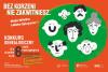 Pomarańczowo-zielona grafika promująca konkurs "Bez korzeni nie zakwitniesz". Zawiera podstawowe informacje o konkursie oraz rysunek zielonego drzewa i rysunkowych twarzy w drzewie.