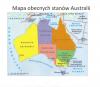 Grafika przedstawiająca mapę Australii z podziałem administracyjnym na Stany. Każdy stan przedstawiony jest w innym kolorze.